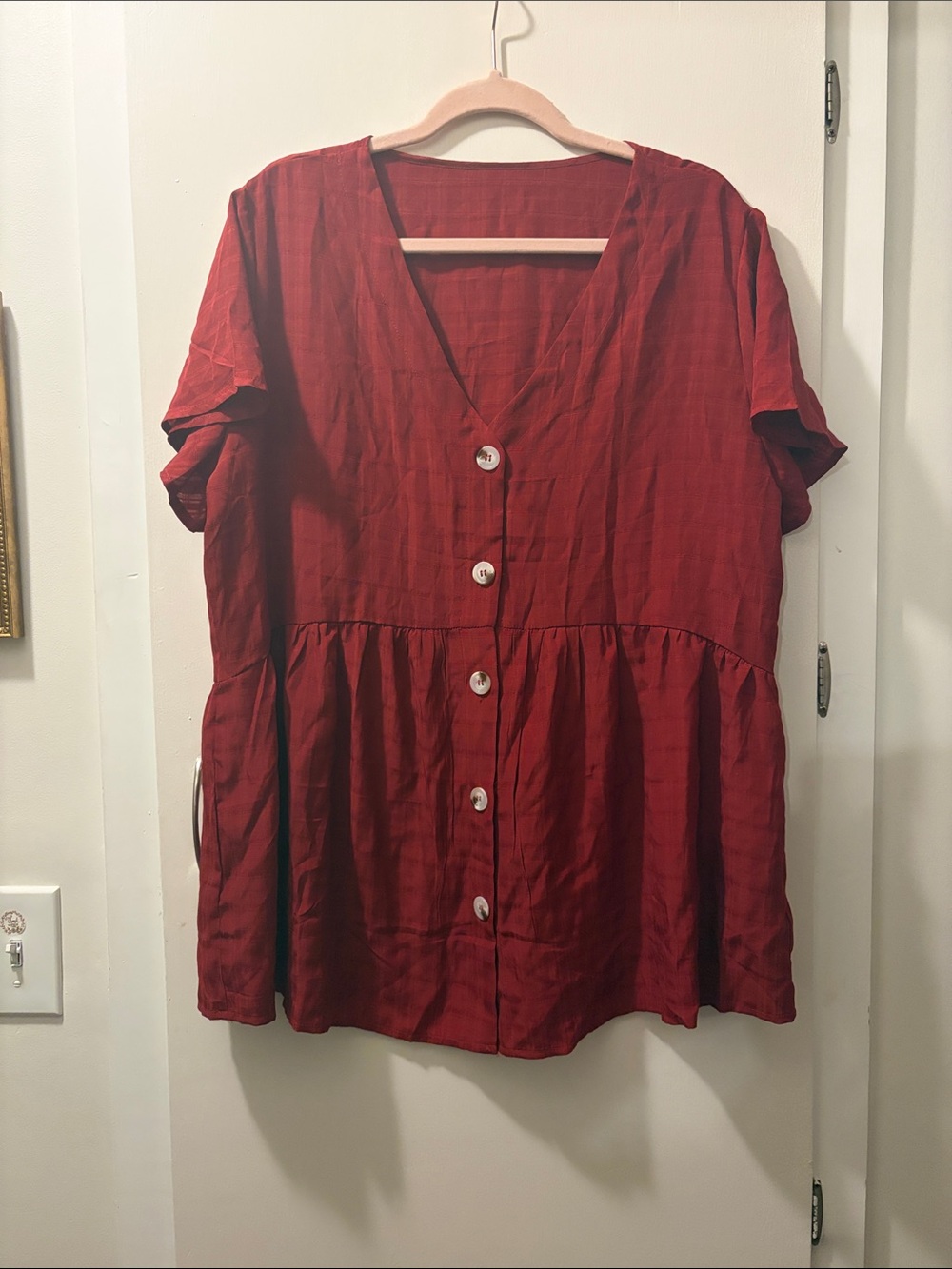 Brick Red Button-Front Peplum Tunic